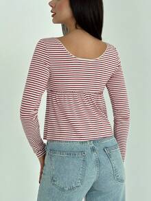 Aloruh Camisa casual de mujer de manga larga con botones frontales y rayas retro - Rojo - Ver 2