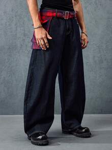 ROMWE MEN Street Life Men's Fashionable Street-Style Plaid Loose Fit Slant Pocket Distressed Jeans - Blue - View 5