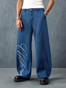 ROMWE MEN Prep Men's Casual Printed Striped Curved Hem Denim Jeans - Blue - View 4