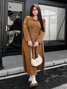 SHEIN ICON Váy denim cài nút phía trước thường ngày cỡ lớn - Màu Khaki - Xem 7