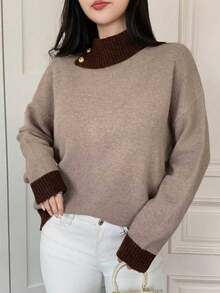 DAZY Suéter holgado de punto con bloques de color para mujer, otoño - Caqui - Ver 3