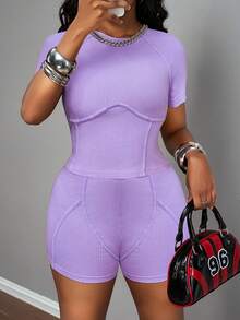 Slaydiva Conjunto Casual Feminino de 2 Peças com Camiseta de Manga Raglan e Gola Redonda Roxa e Shorts - Roxo - Visão 10