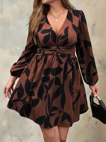 Roveilla Plus Size Women Long Sleeve Floral Print Ruched Waist Casual Vacation Commute Short Dress, Spring & Autumn Fall Cloth For Women - Rust Brown - View 3