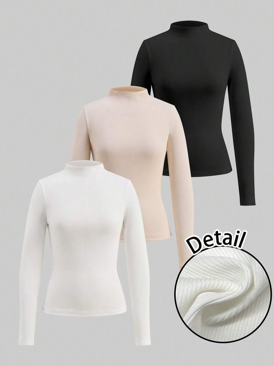 SHEIN LUNE Casual 3pcs Women's Ribbed Crew Neck Long Sleeve Base Layer T-Shirts, Versatile Style, Suitable For Autumn/Winter - Multicolor - View 1