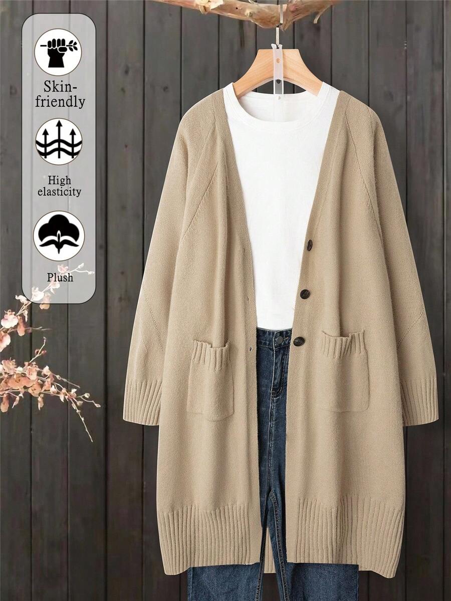 SHEIN LUNE Áo khoác cardigan dệt kim cổ chữ V tay dài màu trơn cỡ lớn dành cho nữ, mùa đông - Màu Khaki - Xem 1