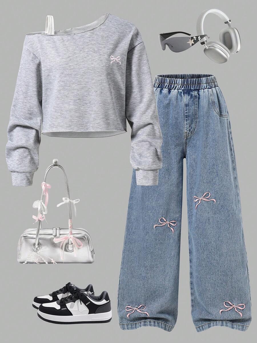 少女休闲针织卫衣，饰有蝴蝶结，搭配复古水洗牛仔裤，宽松舒适，适合秋季日常通勤、户外活动、聚会和拍照。 - 彩色 - 查看 1