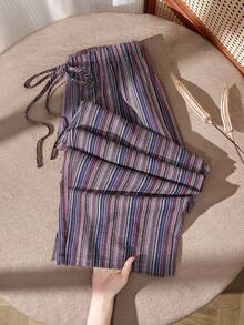 EMERY ROSE Plus Size Women Casual Vacation Style Everyday Commute Contrast Stripe Print Tie Waist Loose Wide Leg Pants Winter For Women Country Style For Women Country Concert - Multicolor - View 8