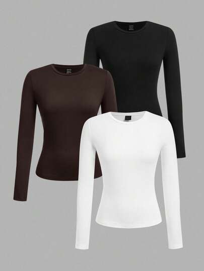 SHEIN EZwear Plus Size Women's Solid Color Round Neck Long Sleeve Fitted Casual Versatile T-Shirt/Fall/Winter