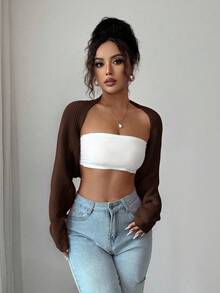 Rafferiza 休闲纯色短款开衫，秋季 - 咖啡棕 - 查看 6