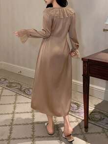 DAZY Váy ngủ dài thắt eo bằng ren satin quyến rũ dành cho nữ, mùa đông - màu nâu - Xem 2