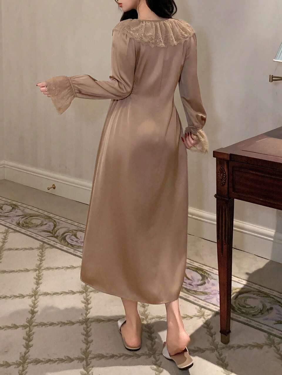 Charming Satin Lace Trim Waist Cinched Long Women Nightgown, Winter Pajamas
