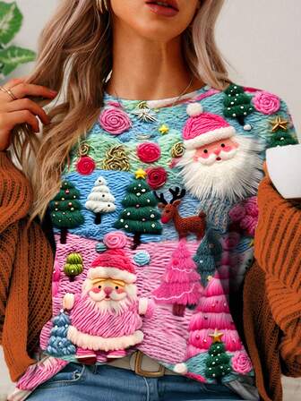 SHEIN LUNE Christmas Santa Claus & Christmas Tree Print Casual Loose Fit Round Neck Short Sleeve T-Shirt For Women