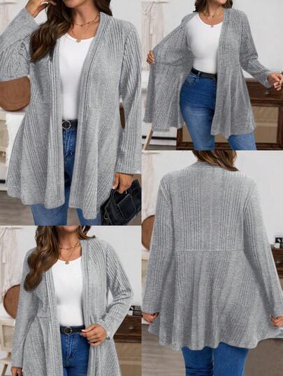 SHEIN CURVE+ Plus Size Women's Regular Jacket, Ribbed Fuzzy Textured Knit Stretchy Cardigan, Black Winter Fall Autumn/Autumn /Winter