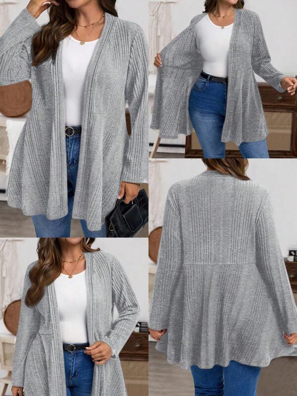 SHEIN CURVE+ Plus Size Women's Regular Jacket, Ribbed Fuzzy Textured Knit Stretchy Cardigan, Black Winter Fall Autumn/Autumn /Winter