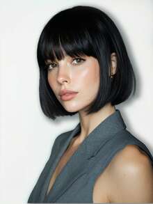 短款波波头假发，带刘海，黑色直发，日常佩戴，女士真人发，耐热假发，精灵短波波头假发 - S1B - 查看 4