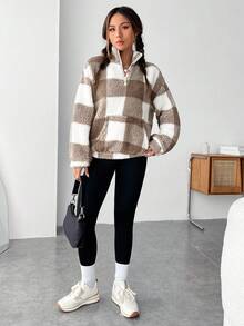 SHEIN EZwear Buffalo Plaid Print Half Zip Drop Shoulder Teddy Sweatshirt,Long Sleeve Tops In Fall/Winter
