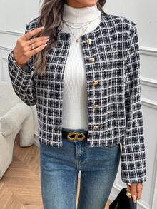 EMERY ROSE 秋冬新款格纹面料圆领长袖优雅时尚优雅外套，适合多种场合 - 彩色 - 查看 1