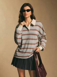Poéselle Women's Oversized Striped Rugby Polo Shirt – Long-Sleeve Collared Preppy Tee In Soft Knit Oversized Rugby Shirt Women Striped Polo Shirt Preppy Aesthetic Vintage Rugby Top Old Money Style Collegiate Fashion Fall Casual Layering Long Sleeve Polo Women Women's Casual Striped Dropped Shoulder Loose T-Shirt, Autumn Winter For Women