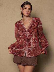 Freevana Áo cánh tay bèo họa tiết chắp vá Schiffy thường ngày dành cho nữ cỡ lớn, mặc đi nghỉ, mùa xuân/hè/thu - Màu Đỏ Sâu - Xem 6