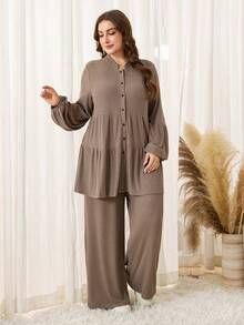 Lacomfia Plus Size Women Spring/Autumn Casual Daily Commute Simple Versatile Solid Color Ribbed Lantern Sleeve Tiered Ruffle Hem Top And Wide Leg Pants 2 Piece Set - Khaki - View 4