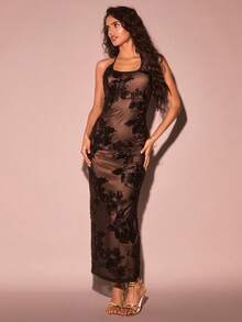 Glamine Váy hở lưng thêu hoa thanh lịch dành cho nữ, mùa hè - màu đen - Xem 5