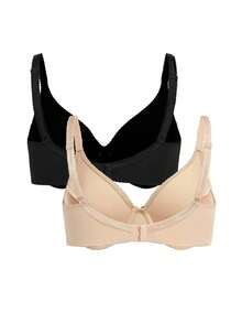 Ocili 2 件大码女士纯色蝴蝶结装饰时尚文胸无衬垫，黑色和杏色 - 彩色 - 查看 2