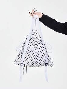 ROMWE Anime Y2K Cute & Sexy Bow Drawstring Backpack, Minimalist Silver Tech-Inspired Cinch Pouch, Waterproof Lightweight Large Capacity Foldable Storage Bag, Gym Bag, Suitable For Casual, Travel, Commute And Daily Use - 白黑色 - 查看 4