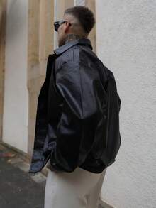 Artur Kramer 男士休闲宽松商务皮夹克，复古风格，秋冬，垃圾摇滚 - 黑色 - 查看 2