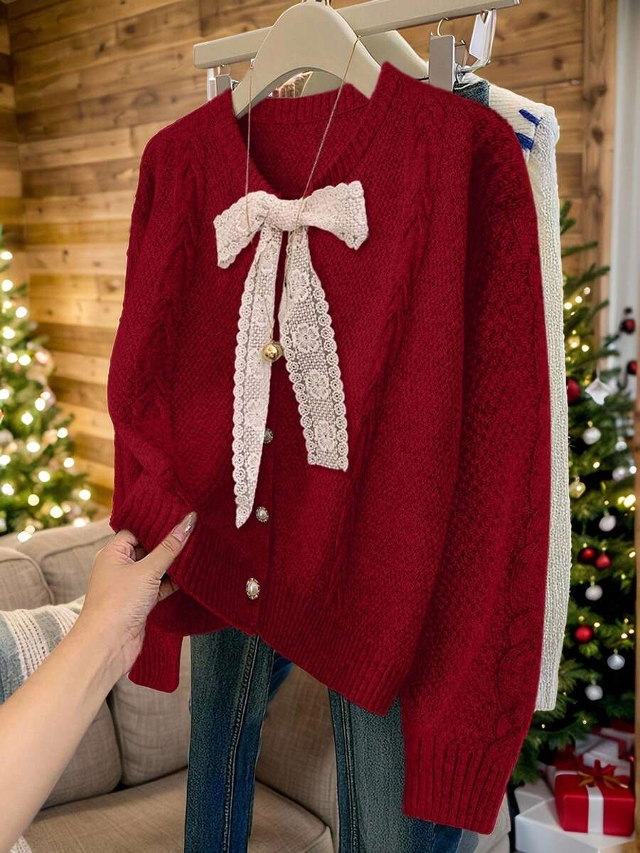 SHEIN Clasi 女式休闲系带圆领毛衣开衫 - 紅色 - 查看 1