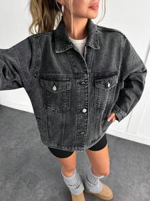 EURMUSE Áo khoác denim vai trễ màu xám giản dị - Xám - Xem 7
