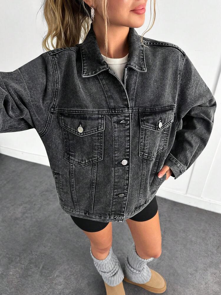 EURMUSE Áo khoác denim vai trễ màu xám giản dị - Xám - Xem 7
