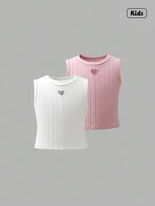 Sweetra 2件装 心形刺绣镂空圆领罗纹背心 适合年轻女孩 - 粉色 - 查看 1