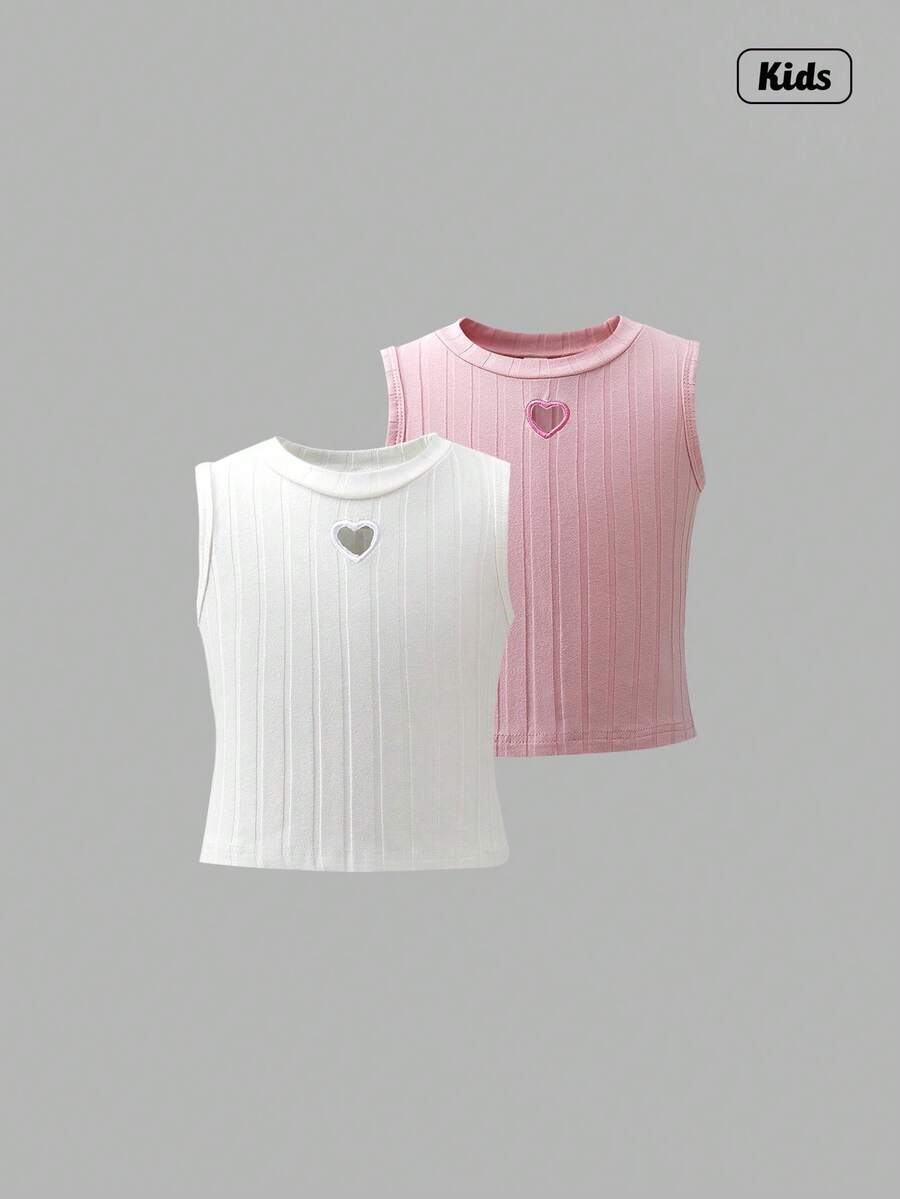 Sweetra 2件装 心形刺绣镂空圆领罗纹背心 适合年轻女孩 - 粉色 - 查看 1