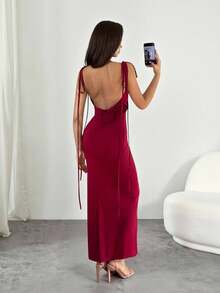 SHEIN Tall Váy đuôi cá hở lưng gợi cảm, cổ yếm, viền đuôi cá, thanh lịch cho ngày lễ tình nhân, tiệc cocktail, buổi hẹn hò lãng mạn, váy lưới đan, tiệc tùng, tụ họp trang trọng, váy phù dâu, đi chơi đêm, Halloween, Giáng sinh, váy dài, phù hợp cho mùa xuân/hè và mùa thu/đông - Màu Đỏ Sâu - Xem 1