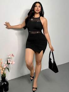 SHEIN Privé Plus Size Black Classy Night Out Club Sommar Women's Elegant Rhinestone Halter Neck Semi-Sheer Single Side Slit Bodycon Patchwork Fairy Party Dress - Black - View 7