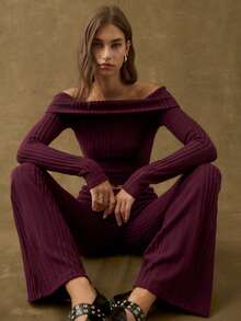 Nöista Burgundy Set Featuring An Off-Shoulder Top And Flared Pants For A Slim And Feminine Fit. Ideal For Autumn And Soft Winter Days, And Perfect For Pairing With Festive Accessories For Christmas Or New Year Events. This Elegant Outfit Offers A Refined Look Suitable For Parties, Dinners, And Special Seasonal Occasions. - Lilac Purple - View 5