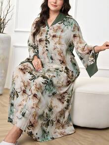 Al Najma Vestido árabe feminino plus size com decote em V e pintura a tinta em cores contrastantes - Verde - Ver 5