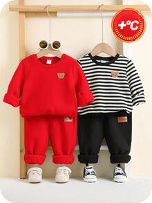 SHEIN 4件套男/女婴可爱卡通图案长袖连帽衫和裤子套装，秋冬季男女宝宝通用服装 - 紅色 - 查看 3