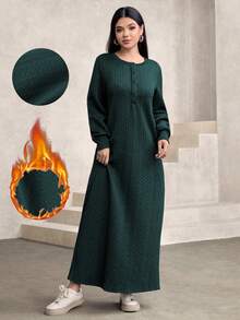 女士休闲纹理面料圆领宽松长款卫衣，绿色，秋冬 - 墨綠色 - 查看 1