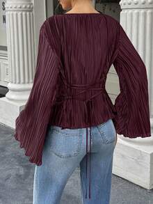 Elenzga Autumn/Winter Wide Round Neck Flare Sleeve Cinched Waist Pleated Shirt - Burgundy - View 2