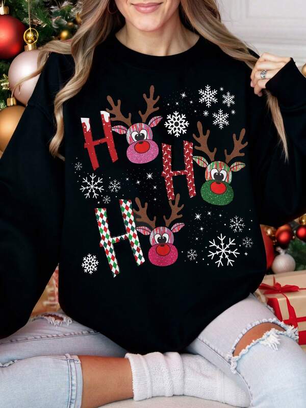 Merry Christmas Women's Fashion Cartoon Cute Kawaii Christmas Atmosphere Decorative Creative Slogan Graphic Crew Neck Sweatshirt, Suitable For Christmas Party And Going Out Tops