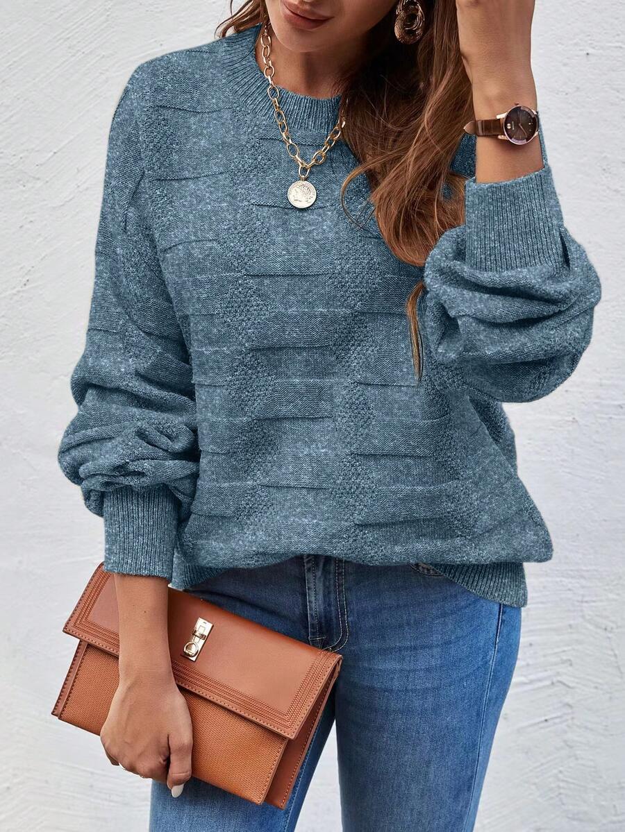 SHEIN LUNE Solid Color Crew Neck Loose Knit Pullover Sweater - Dark Green - View 1
