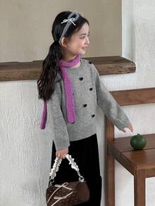 DAZY Young Girls Round Neck Heart Print Short Sleeve Sweater, Autumn/Winter - Grey - View 4