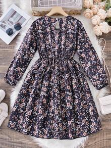 1 chiếc váy chui đầu cổ tròn tay dài in họa tiết hoa toàn thân cho bé gái, có bo chun ở cổ tay và eo, viền chữ A, thích hợp cho tiệc tùng, du lịch, bãi biển, mùa xuân/hè - Nhiều màu - Xem 4