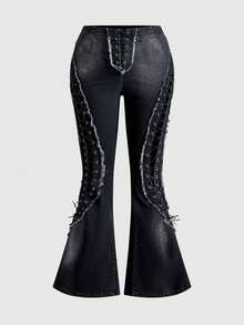 ROMWE Grunge Punk Y2K Baddie 镂空孔眼系带装饰加大码修身喇叭牛仔裤 - 深灰色 - 查看 1