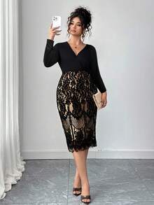 SHEIN PETITE CURVE Váy ren ôm dáng cổ chữ V tay dài thanh lịch cỡ lớn - màu đen - Xem 3