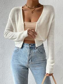 SHEIN Essnce Casual Solid Color Cropped Cardigan, Autumn - White - View 5