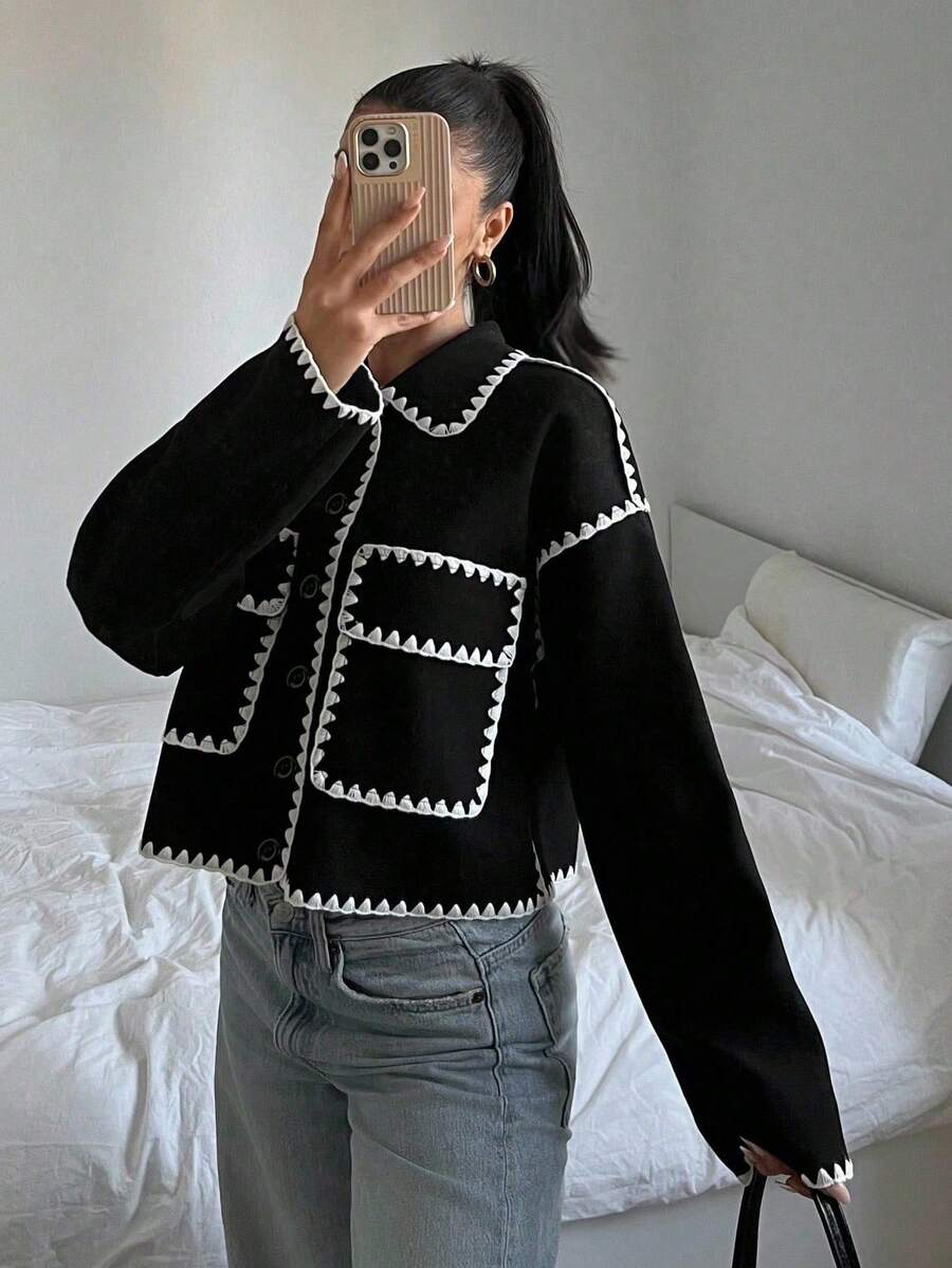 Sparklyn Teen Girl Casual All-Match Versatile Black & White Contrast Trim Collar Big Pocket Wool Blend Jacket, Autumn/Winter Fall