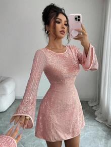 SHEIN Elenzya 女士杏色亮片纹理网纱圆领露背交叉系带A字裙，微透袖设计，优雅高品质，生日礼物，派对鸡尾酒会婚礼宾客装扮，独立日网络星期一万圣节光棍节返校派对 - 粉色 - 查看 4