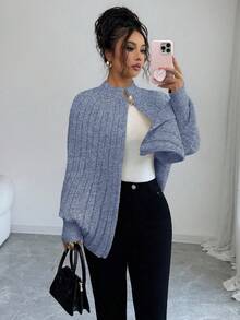 Elenzga Áo len cardigan dệt kim kiểu dáng quý cô thanh lịch, sang trọng, cao cấp, thiết kế nút kim loại hở xẻ tối giản dành cho nữ, mùa thu/đông - Màu xanh lam - Xem 2